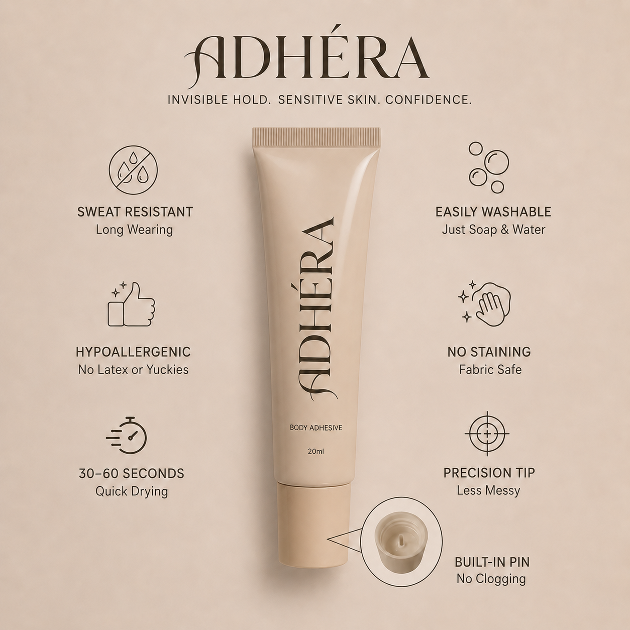 Adhéra body adhesive — sweat resistant, hypoallergenic, quick drying, washable, no staining, precision tip